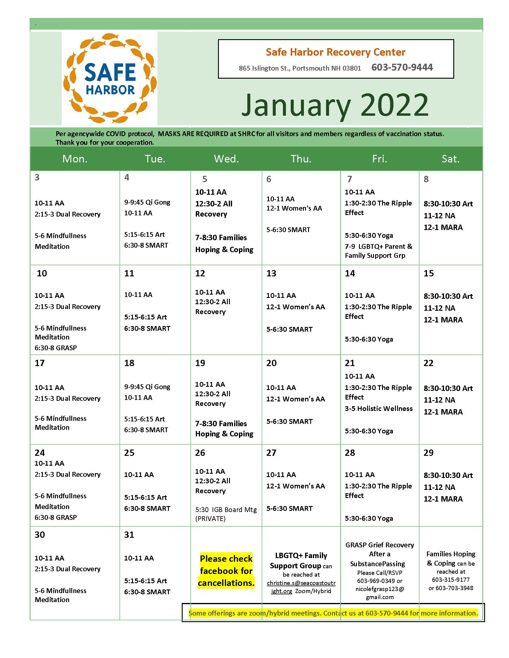 Sobriety Calendar 2022 Safe Harbor Recovery Center – January 2022 Calendar – Granite Pathways