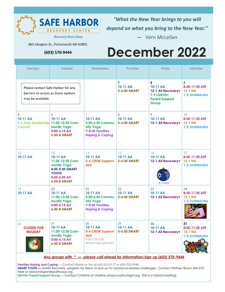 Safe Harbor Recovery Center – December 2022 Calendar - GRANITE PATHWAYS