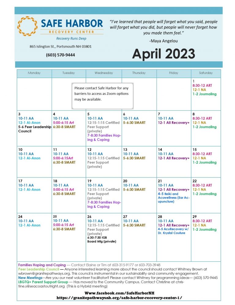 Safe Harbor Recovery Center April 2023 Calendar GRANITE PATHWAYS