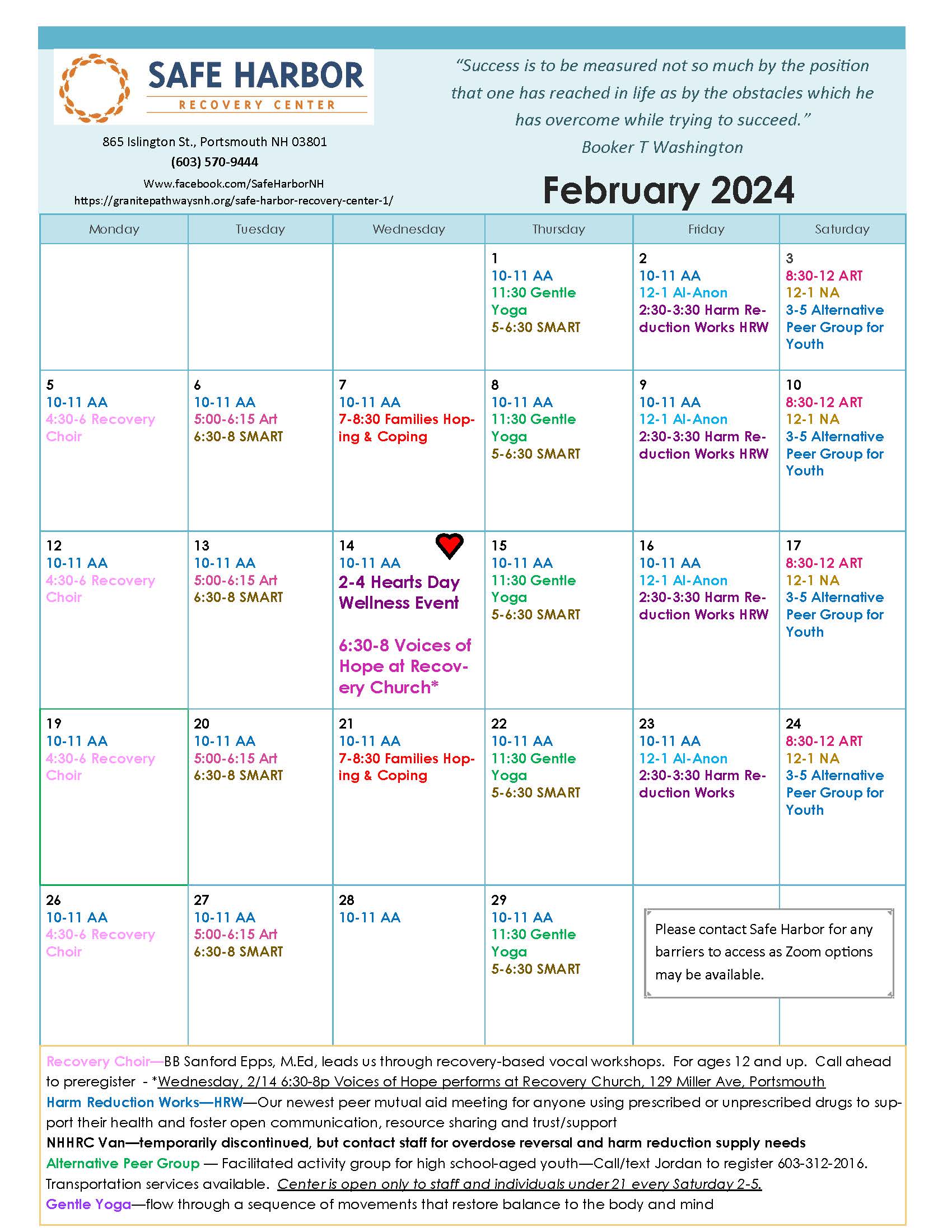 Safe Harbor Recovery Center – February 2024 Calendar - GRANITE PATHWAYS